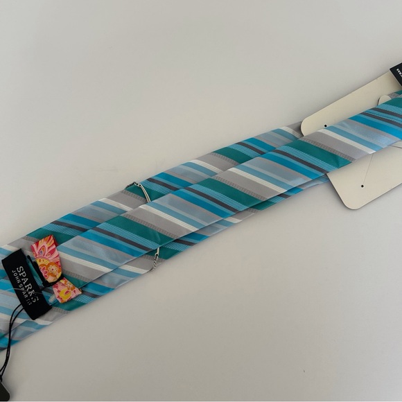 JOHN SPARKS MULTICOLORED STRIPED NECKTIE, POCKET SQUARE AND TIE CHAIN NWT - Picture 13 of 14